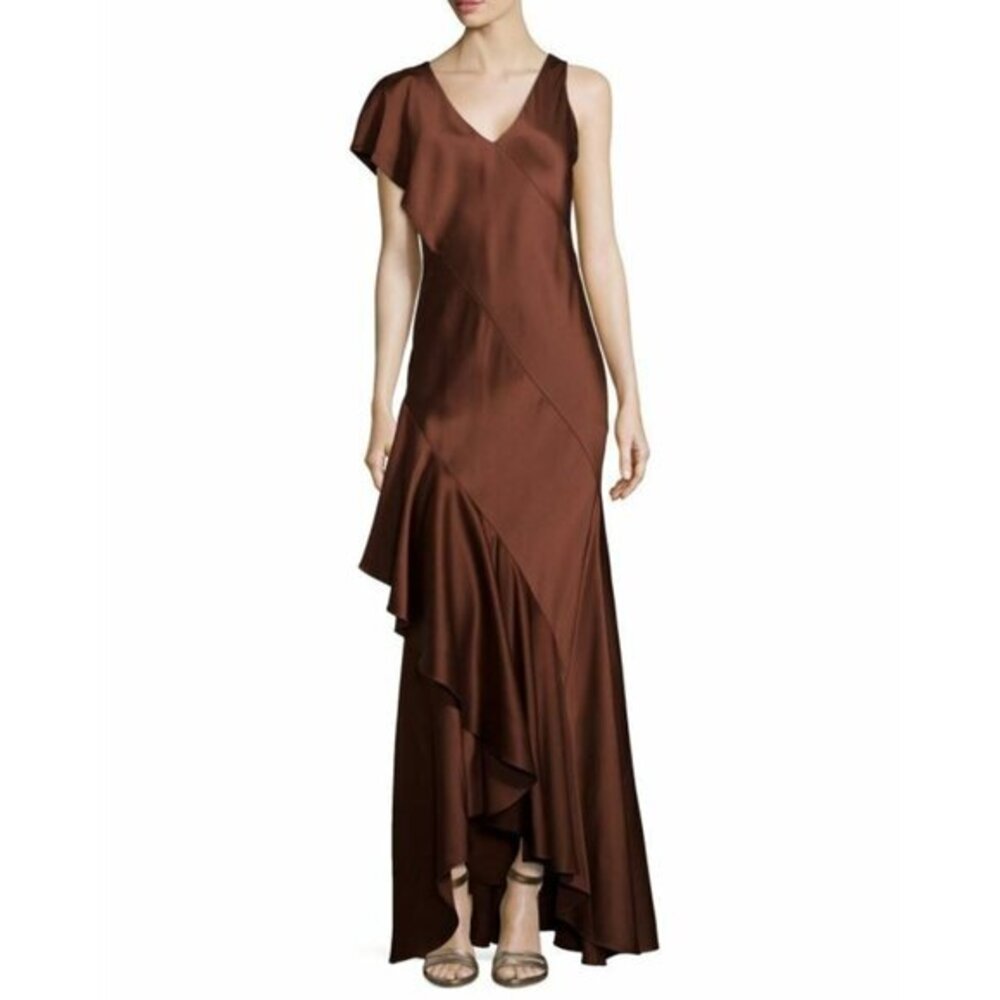 Jason Wu Designer Evening Dress Brown Ruffle V Neck Long Dress SZ 0 New
